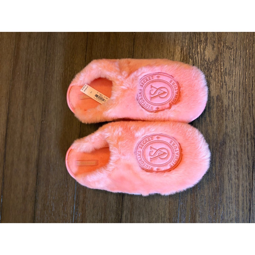 Victoria's Secret Slippers Women Large Pink Faux Fur Signature Logo New